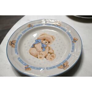 Tienshan Country Bear Stoneware Plate Set Kids Teddy Bear Blue Lot